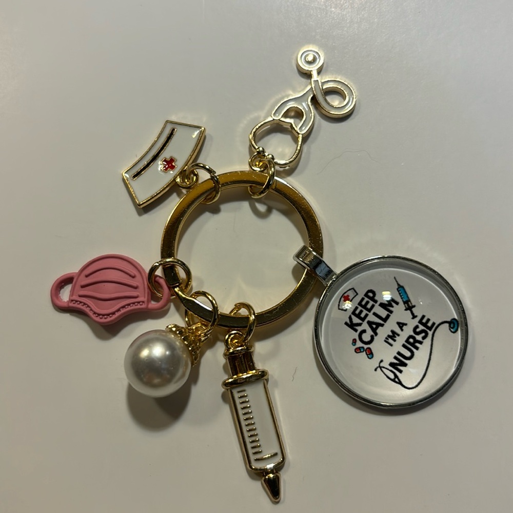 Nurse charm key chain with mask, syringe, stethoscope, vintage nursing hat - Picture 1 of 2